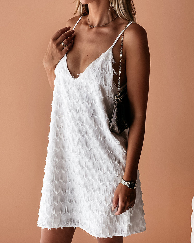 Women's White Strap Tassel Dress 3