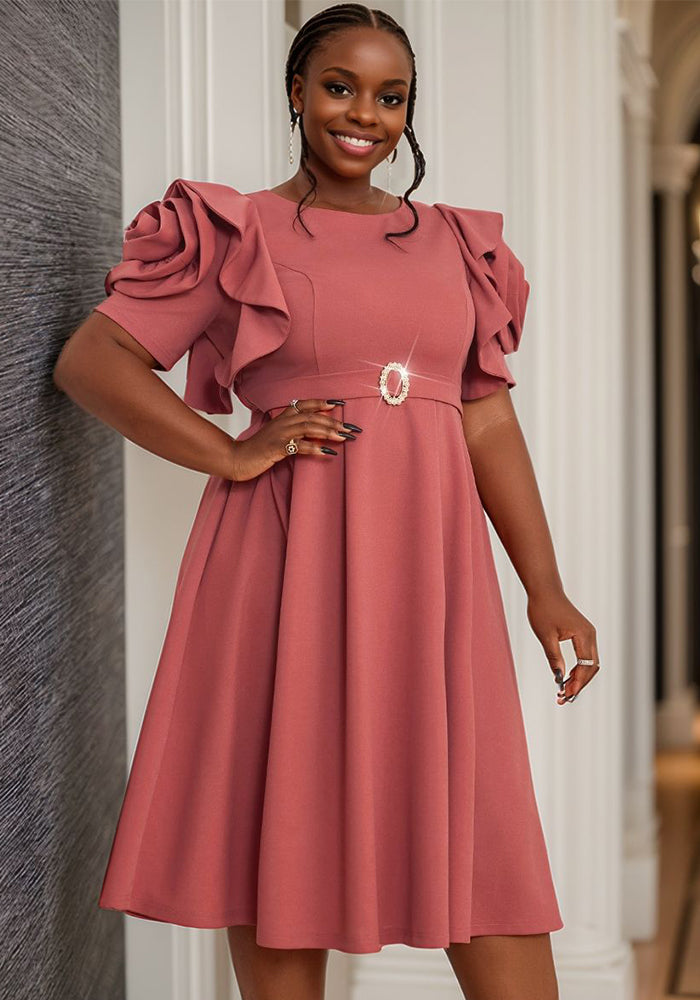Plus Size Ruffle Sleeve Fashion High Waist Formal Party Dress