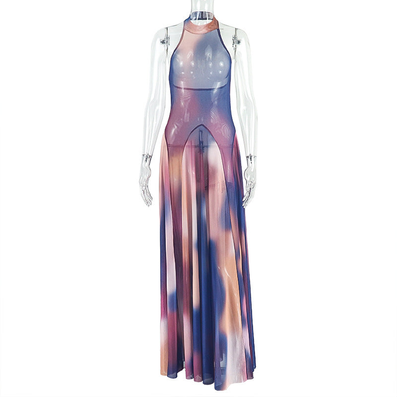 Women gradient pleated Halter neck backless dress 7