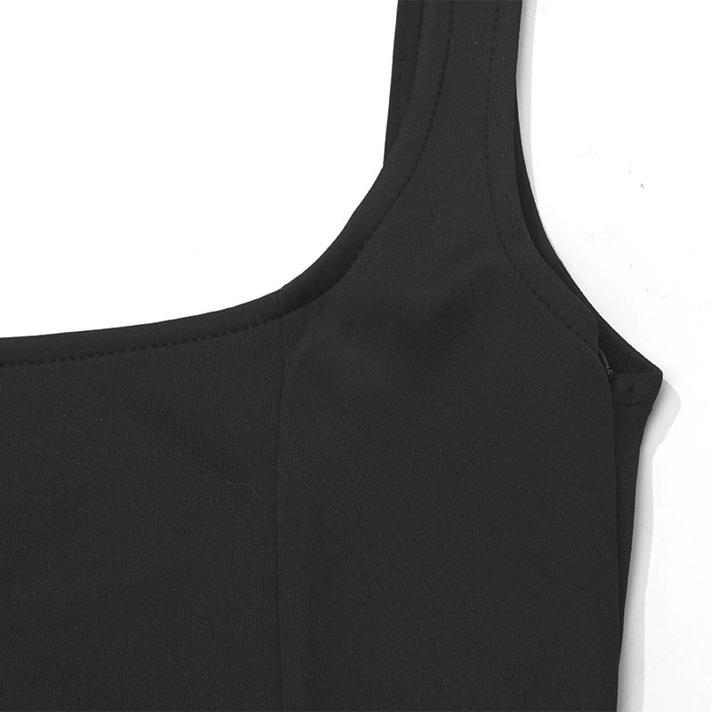 Spring Summer Square Neck Sleeveless Slim Waist Strap Dress 31