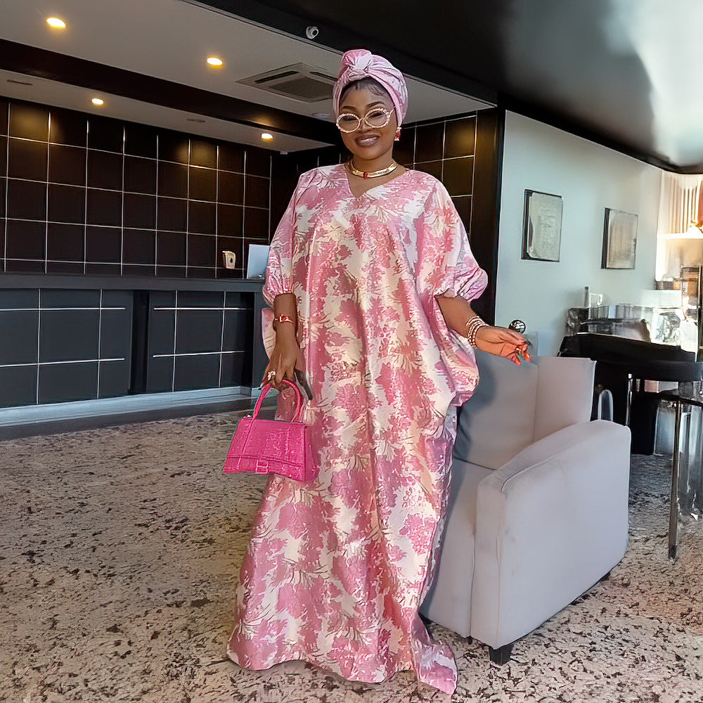 African Mother Loose Long Gown Bubu Bat Sleeves Robe Dress With Headscarf