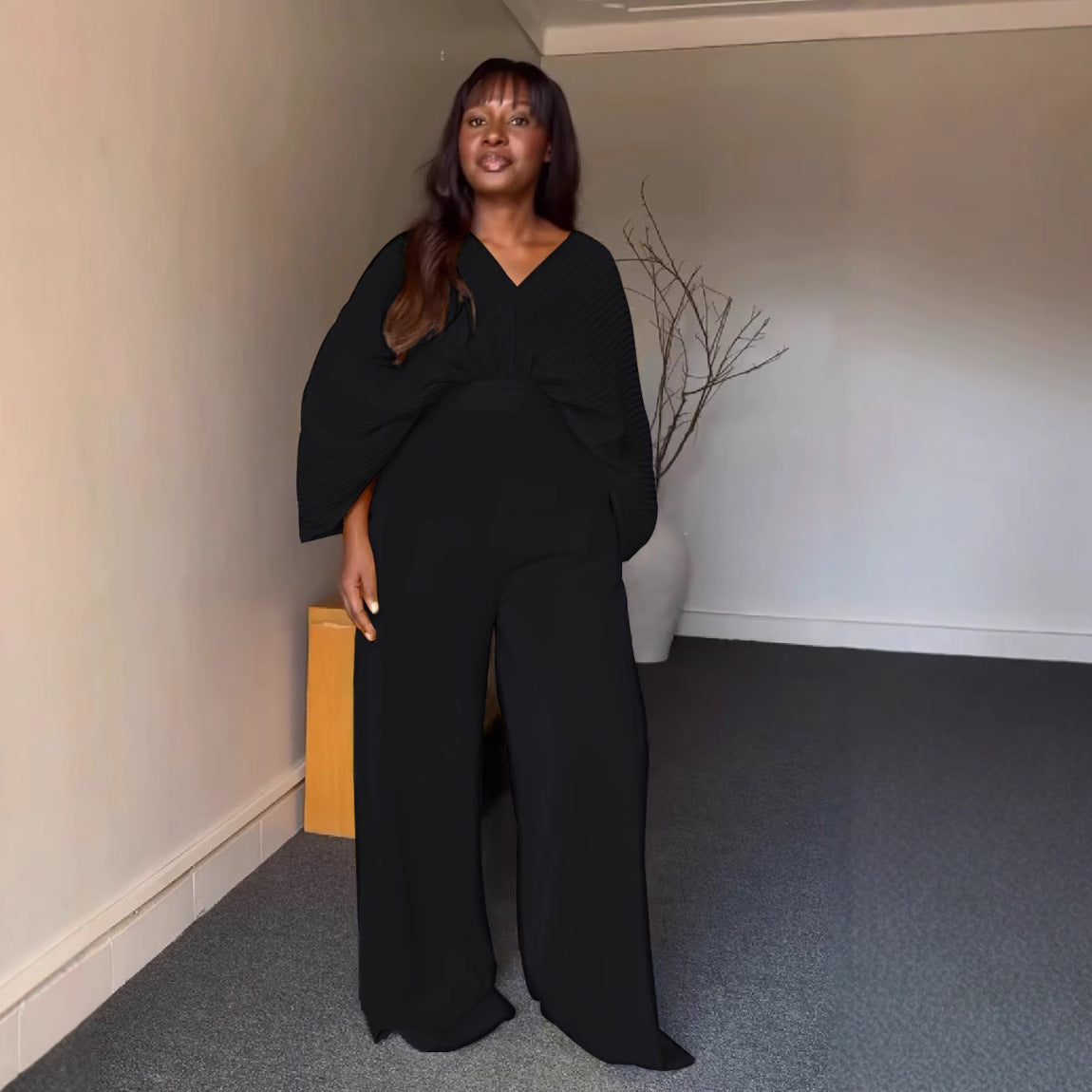 Women Pleated V-Neck Bat Sleeves Shirt and Pants Two Piece Set 7