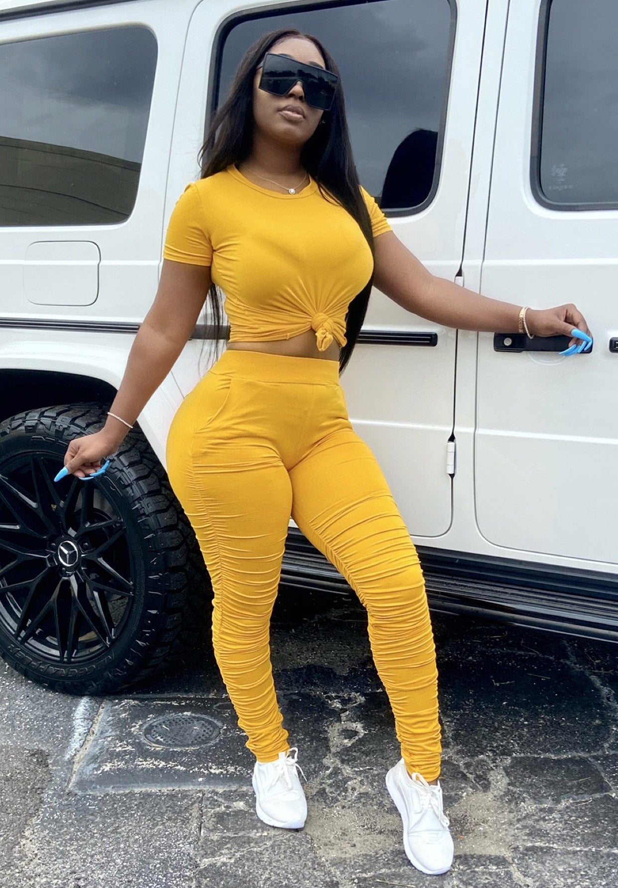 Women Wrinkled Short Sleeve T-Shirt and PantSolid Two-Piece Set 3