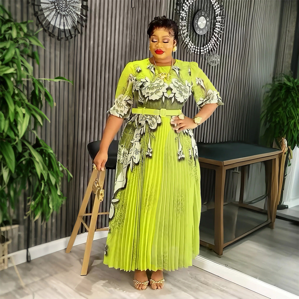 Elegant Long Dress Africa Women's Plus Size Print Pleated Chiffon Dress 4