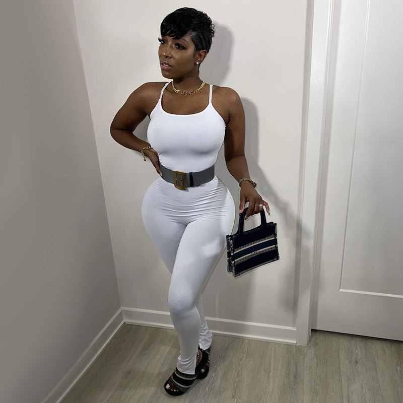 Summer Slim-Fit Solid Color Casual Strap Jumpsuit 4