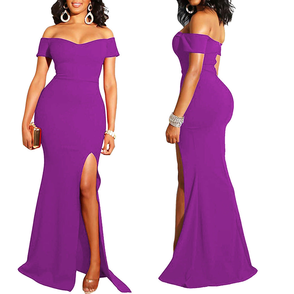 Sexy Fashion Solid Color Off Shoulder Split Dress 4