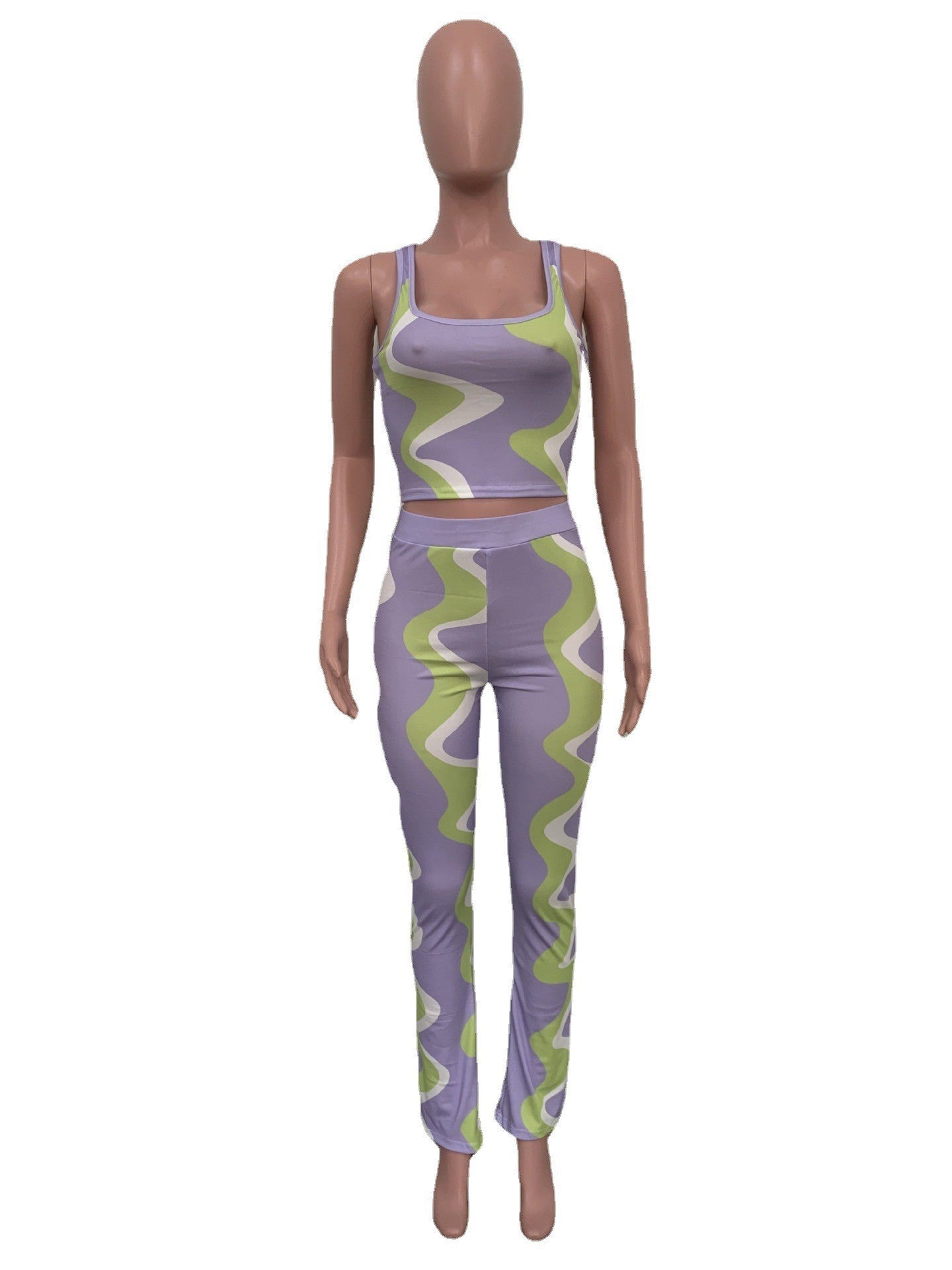 Summer Fashion Ladies Sexy Sleeveless Positioning Digital Printing Ribbed Two-Piece Set 4