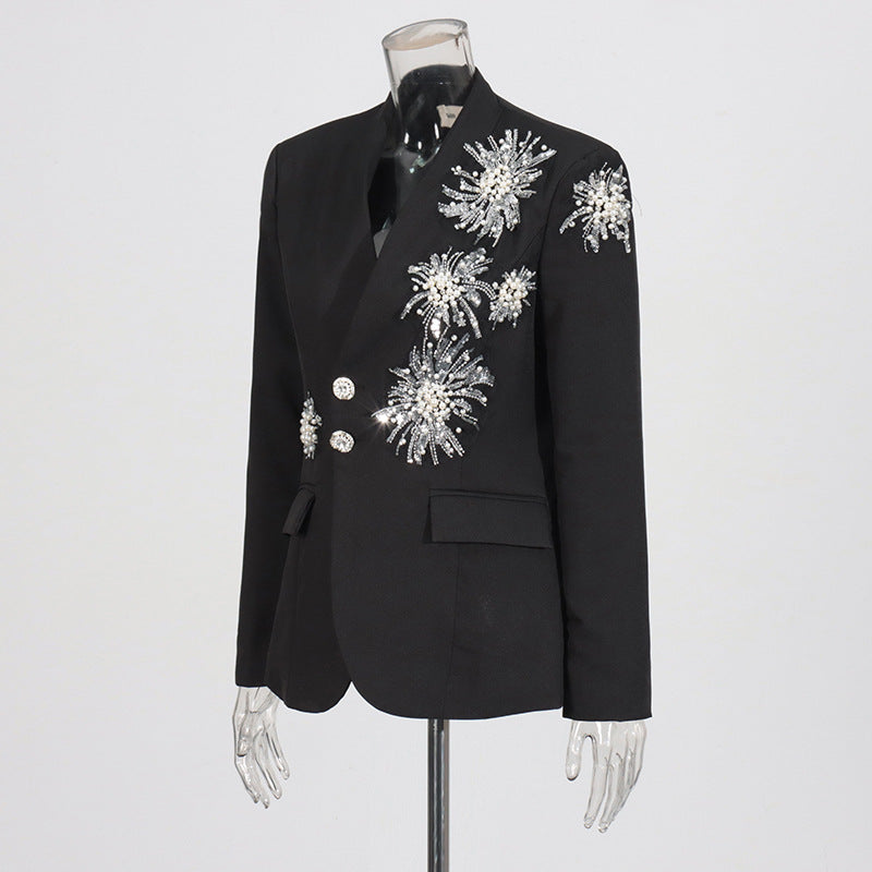 Women rhinestone design Solid Blazer 5
