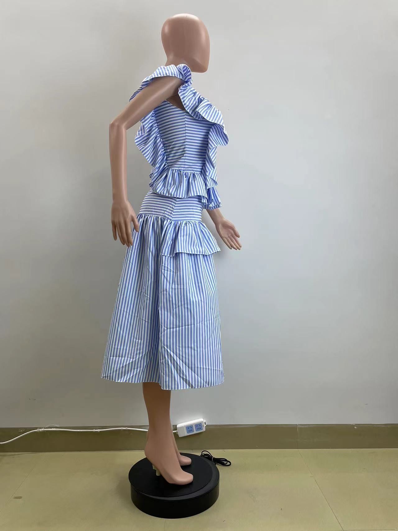 Summer Women's Slash Shoulder Ruffle Striped Sexy Dress 6