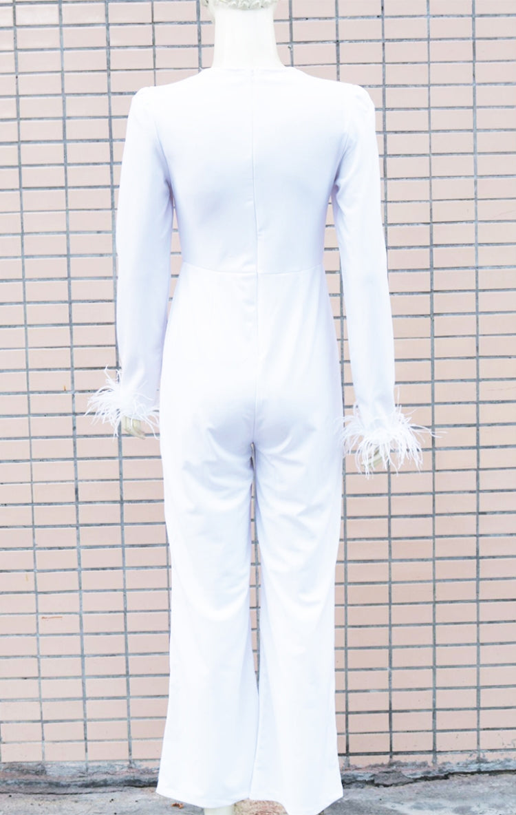 Fall Elegant White Beaded Mesh Patchwork V-Neck Fur Long Sleeve Wide Jumpsuit