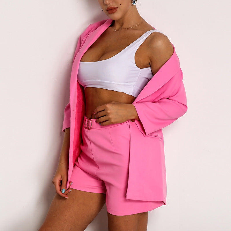 Women One Button Three Quarter Sleeve Solid Color Suit Fashion Chic Tight Fitting Blazer Shorts Two Piece Set 7