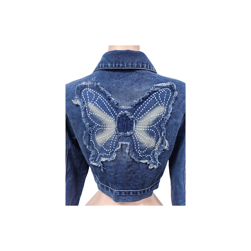 Women Embroidered Butterfly Appliqué Long-Sleeved Denim Embroidered Top 11