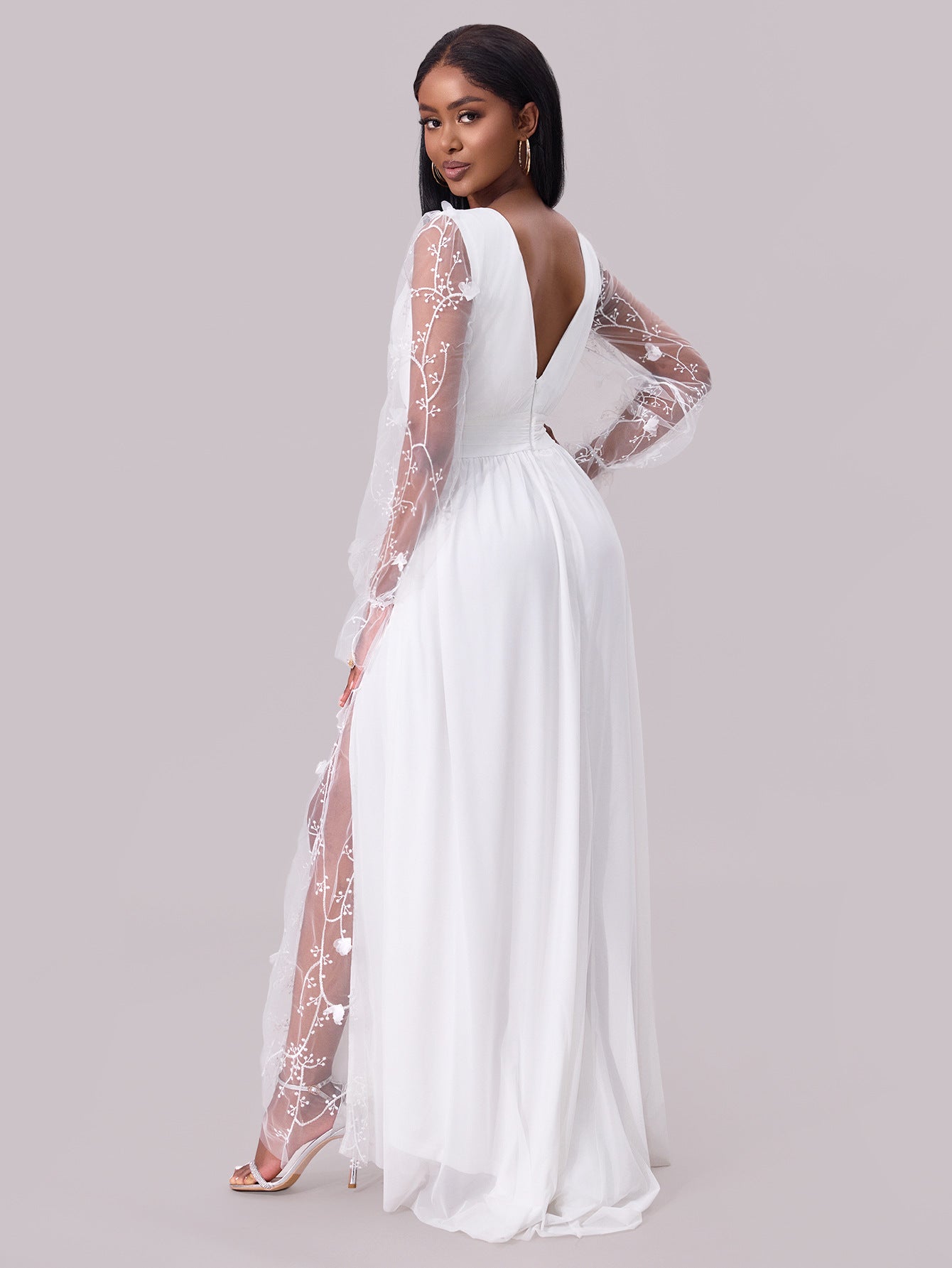 women's dress deep neck long sleeve wedding dress 6