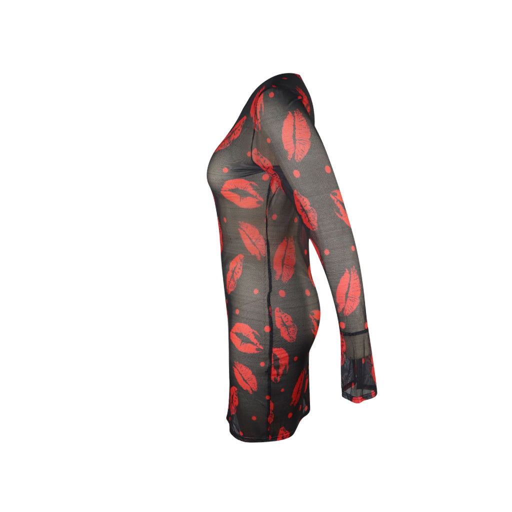 Women's Red Lip Print See-Through Mesh Club Dress 5