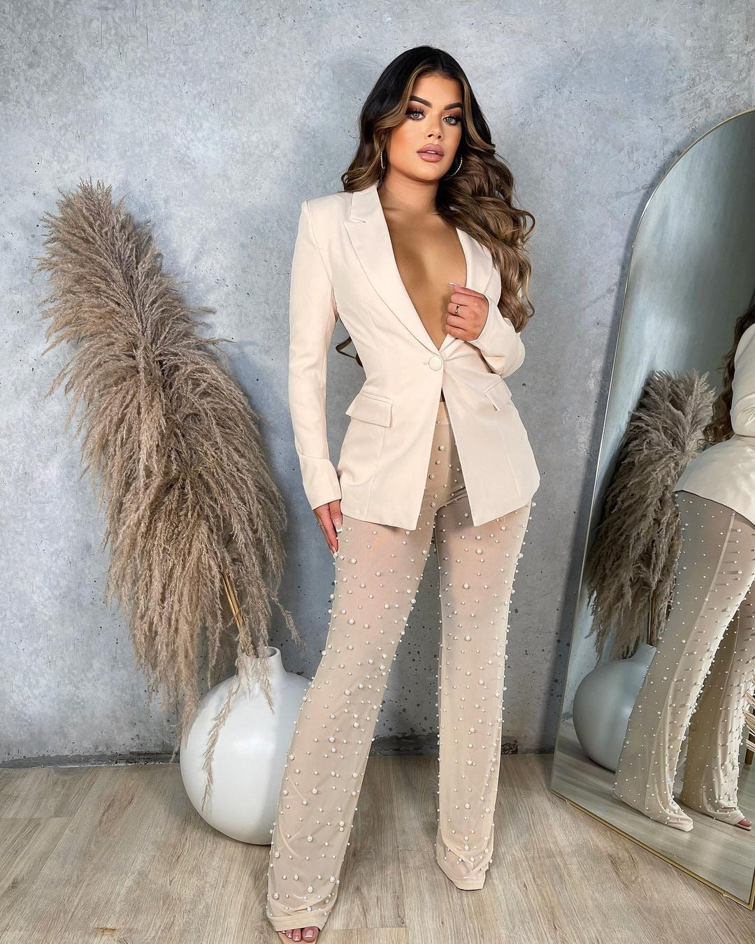 Autumn And Winter Women'S Long Sleeve Blazer Beads Mesh Straight Pants Two Piece Suits 6