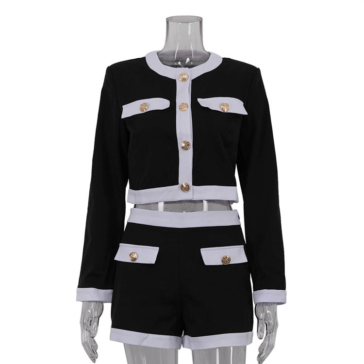 Women Black and White Contrast Patchwork Long Sleeve Top Shorts Two-Piece Set 7