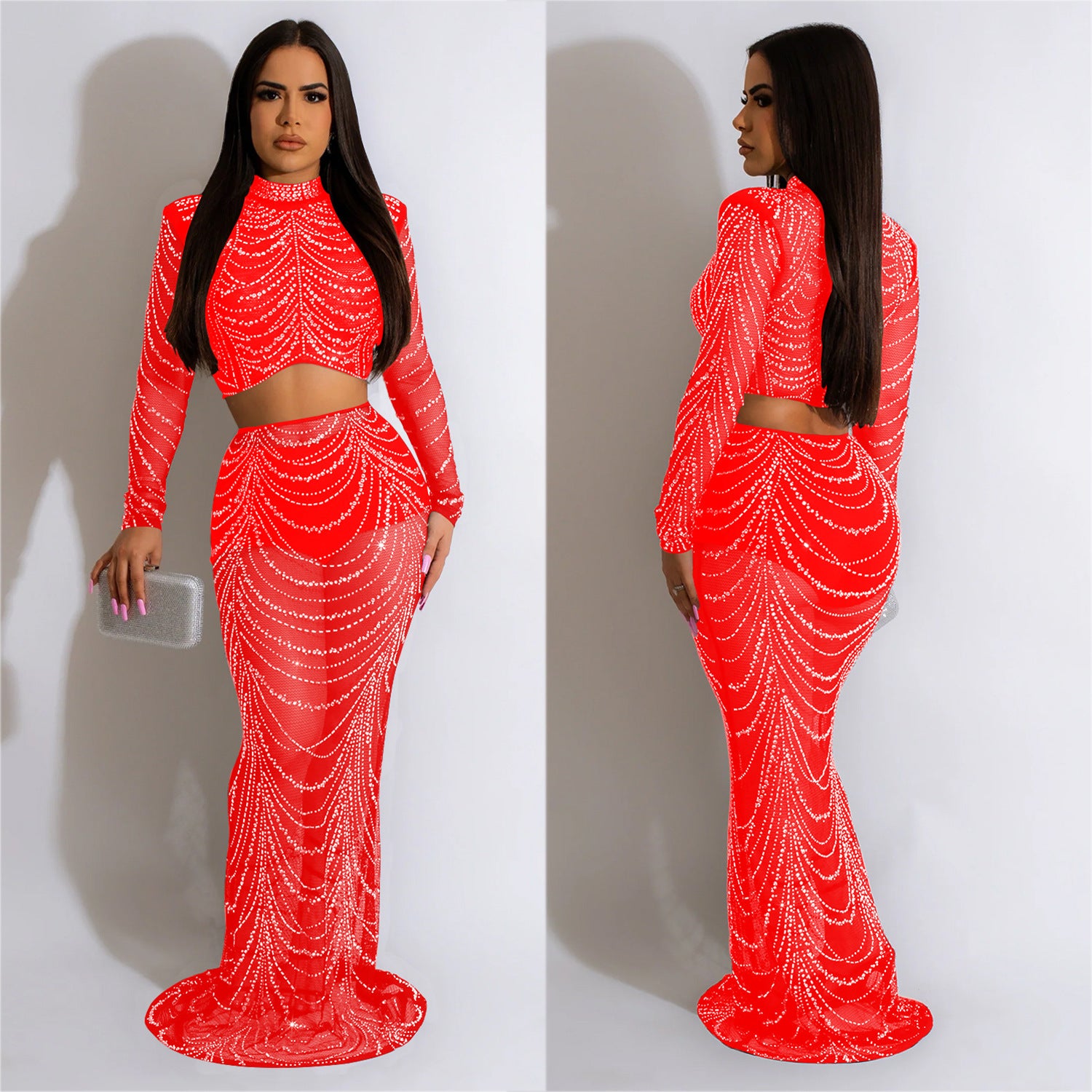 Women's Fashion Solid Color Mesh Beaded Long Sleeve Crop Top Long Skirt Two-Piece Set 7