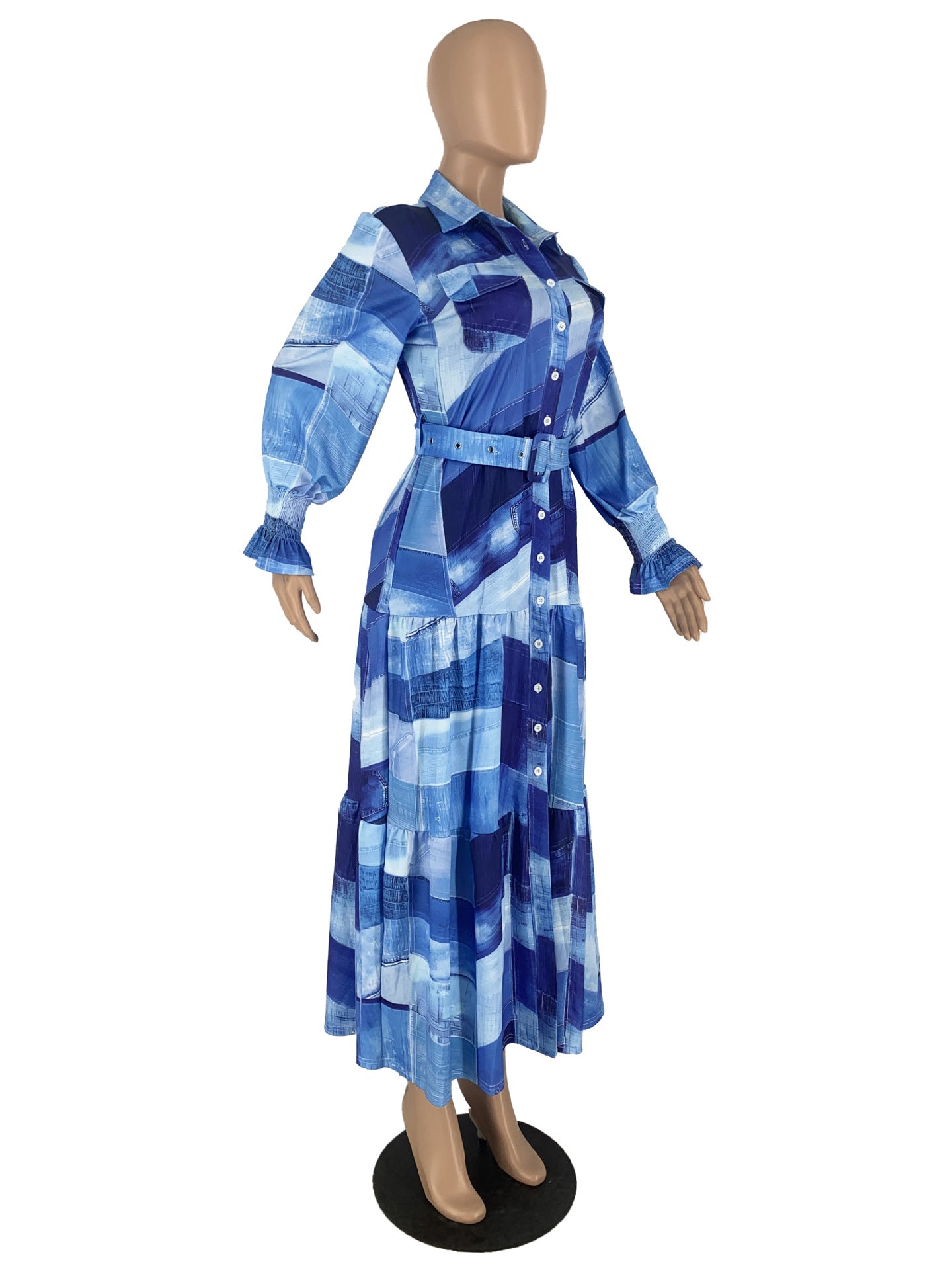 Women Elegant Turndown Collar Maxi Dress 10