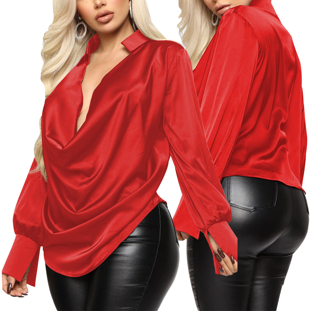 Sexy Fashion Solid Color Stretch Ladies Satin Blouse 15
