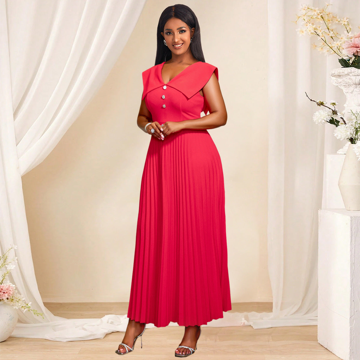 Spring Summer Chic Turndown Collar V-Neck Red Pleated Elegant Dress