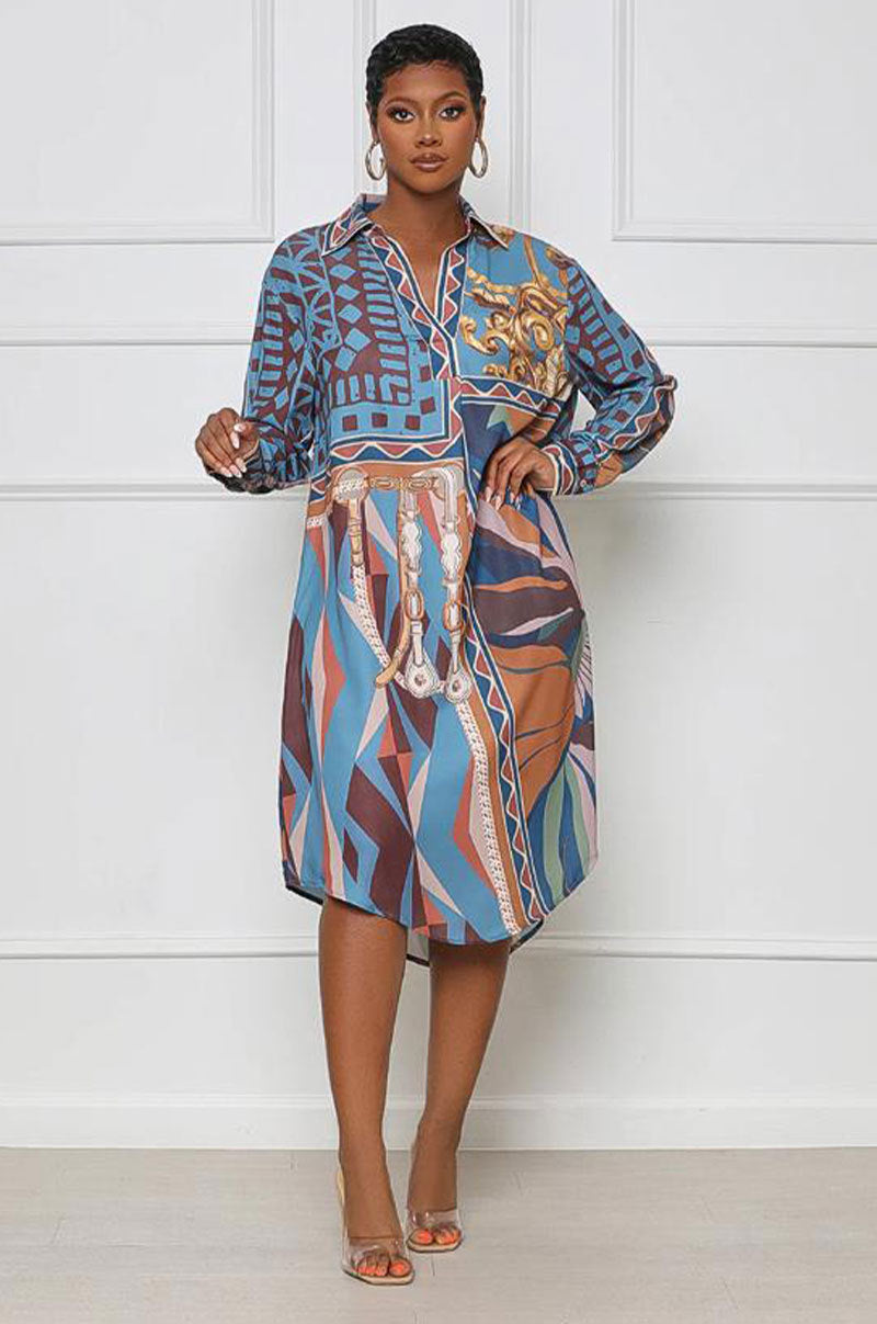 Women'S Autumn Print Loose Plus Size Long Sleeve Shirts Dress 3