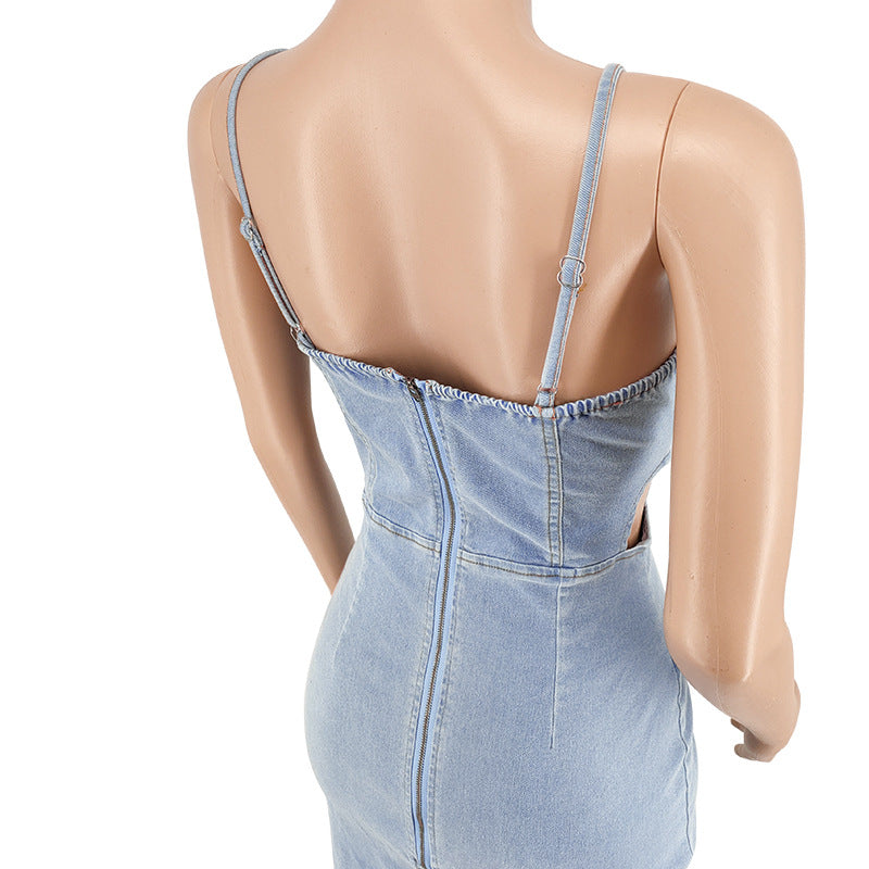 Plus Size Women's Spring Sexy Sleeveless Washed Denim Dress 14