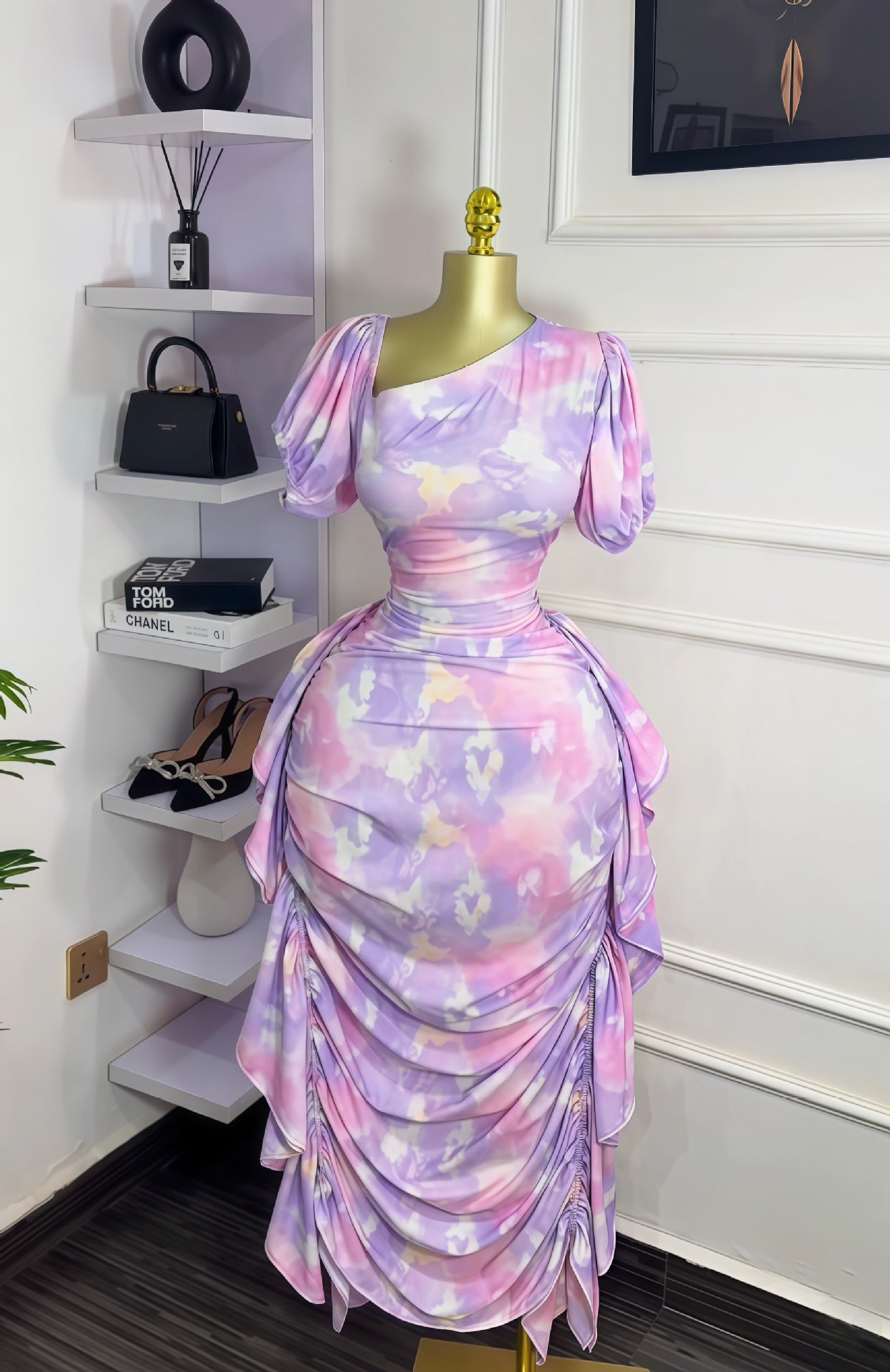 Women Puff Sleeve Slash Shoulder Printed Ruffled Dress