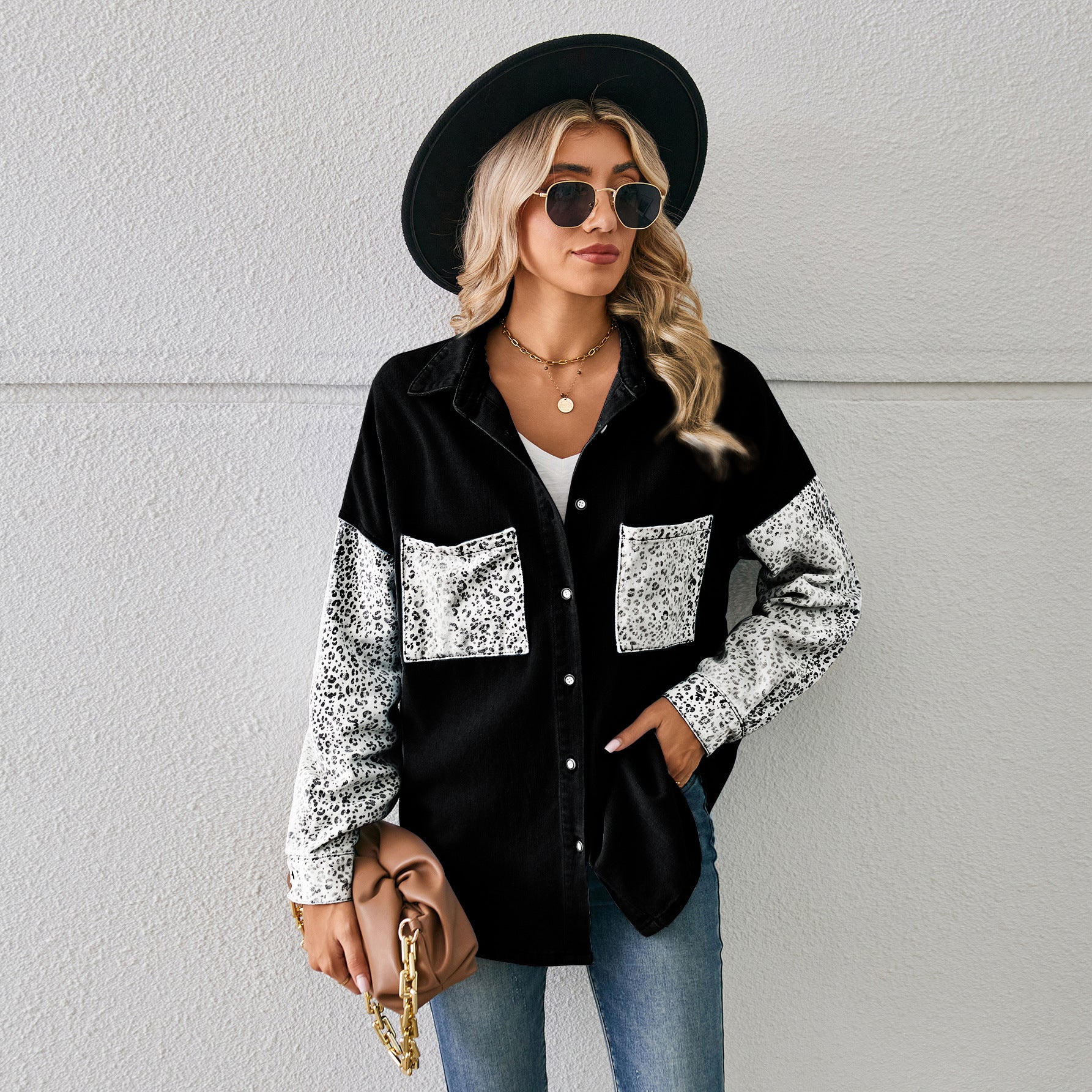 Women Loose Leopard Patchwork Denim Long Sleeve Shirt 9