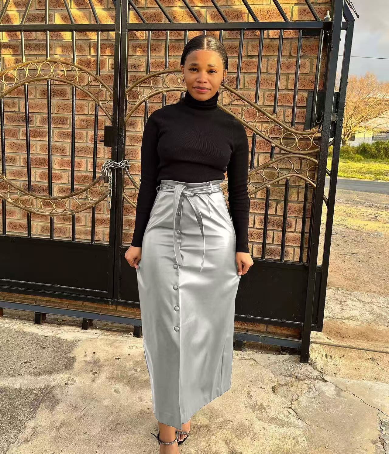 Autumn And Winter Mid-Length Black Pu Buckle Slit  Casual Leather Skirt With Belt 5