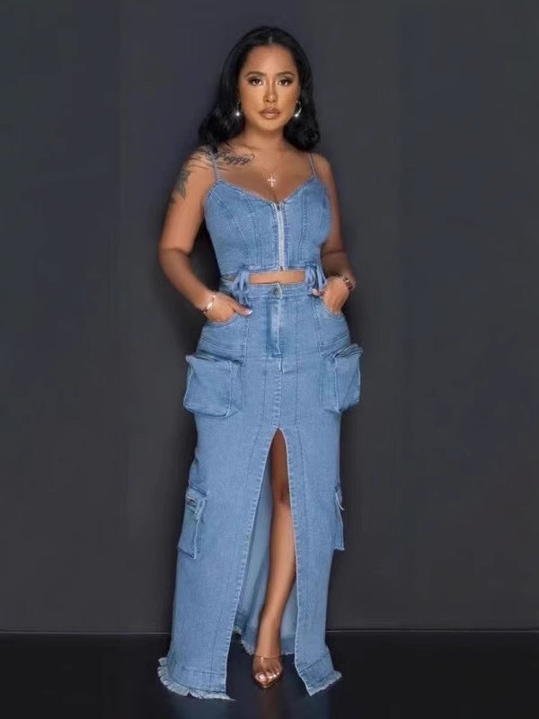 Women’s Fashion Zipper Strap Top Cargo Denim Skirt Set