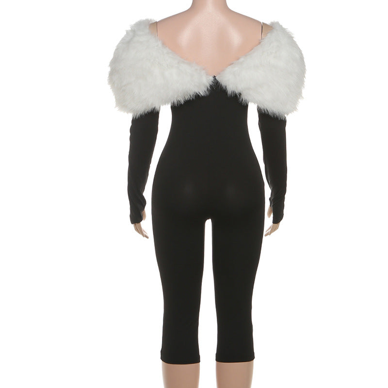 Women Autumn Furry Patchwork Jumpsuit 7