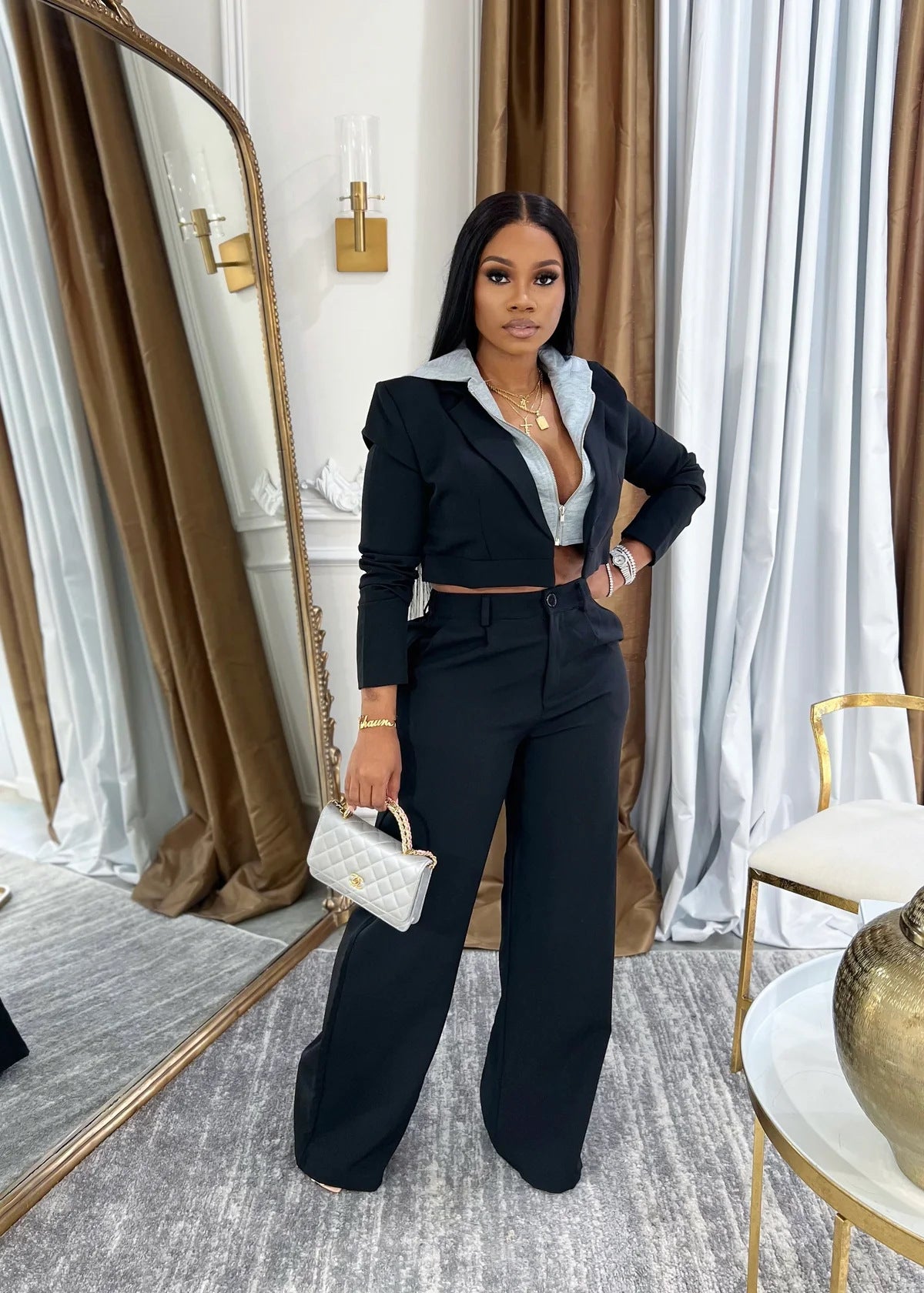 Women autumn and winter Patchwork fake two-piece hooded Coat and pants two-piece set