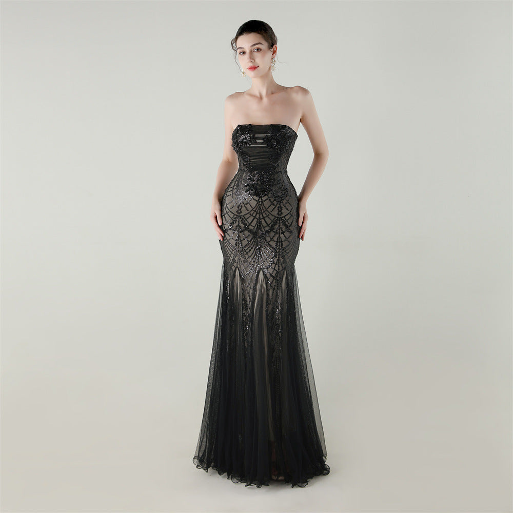 Women Strapless cross Lace-Up sequined tube flower sequined mesh evening dress Formal Party evening dress 11