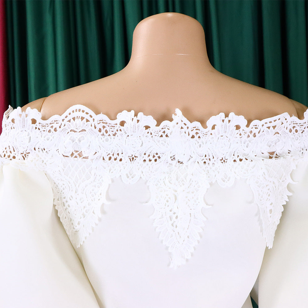 Women Off Shoulder Puff Sleeve Lace Patchwork Formal Party Mermaid Dress 18