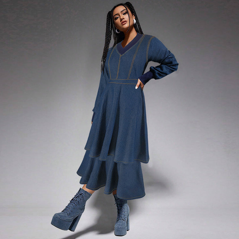 Women's Clothing Ribbed V-Neck Long Sleeve Denim Dress 5