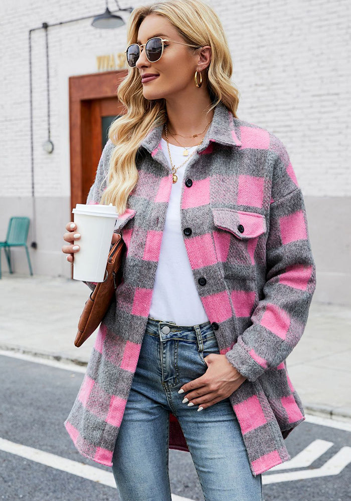 Autumn And Winter Single-Breasted Turndown Collar Long-Sleeved Plaid Cardigan Shirt For Women