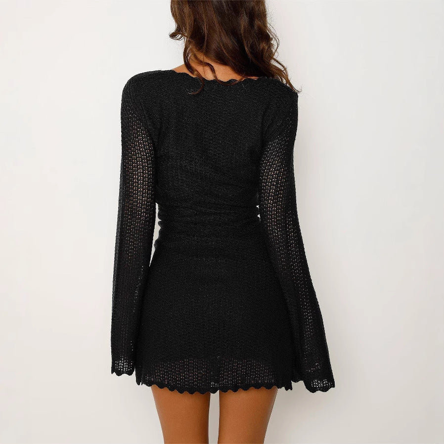 Women's Sexy Long-Sleeve Lace-Up Knitted Mini Dress 5
