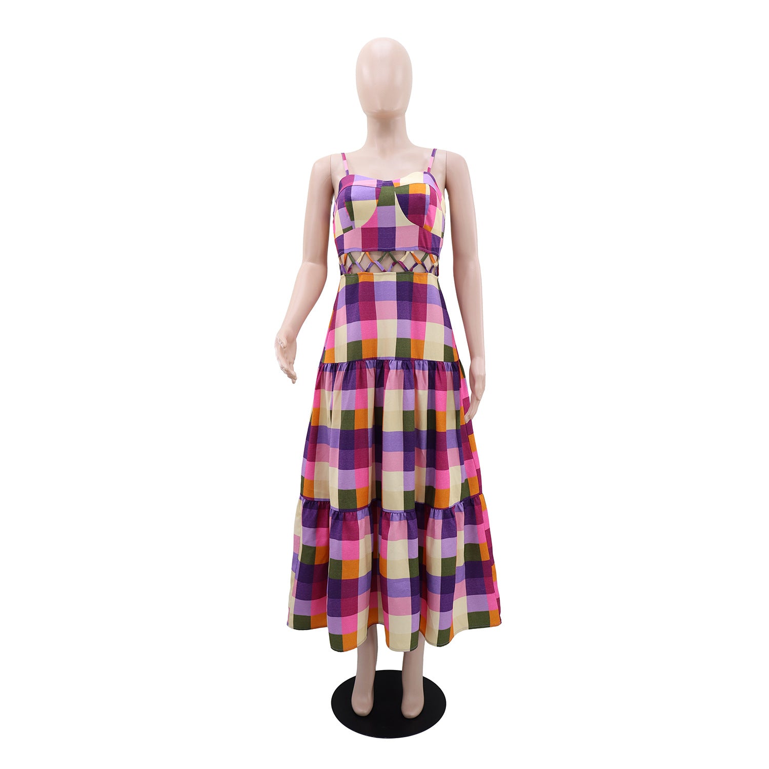 Women Plaid Print Suspender Holidays Casual Dress 3