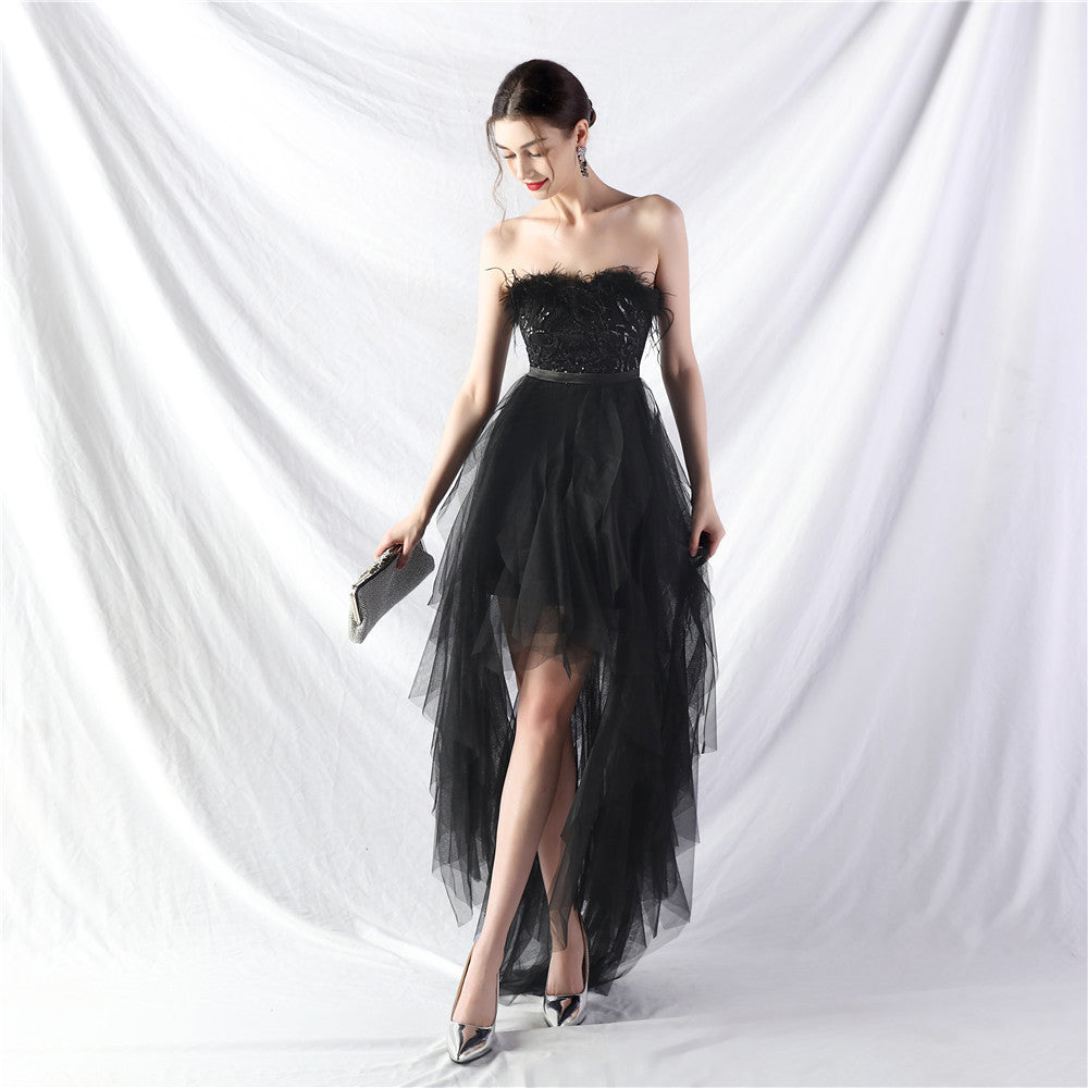 Women ostrich feather sequin mesh wrap chest evening dress 3