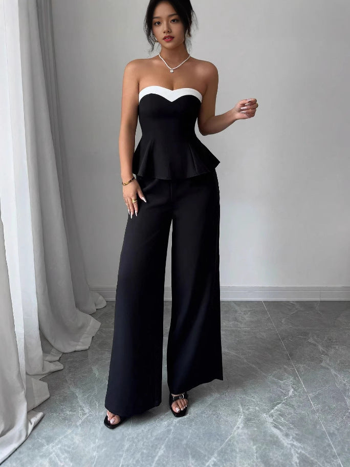 Women Summer Elegant Strapless Contrast Color Top and Pants Two Piece Set 4