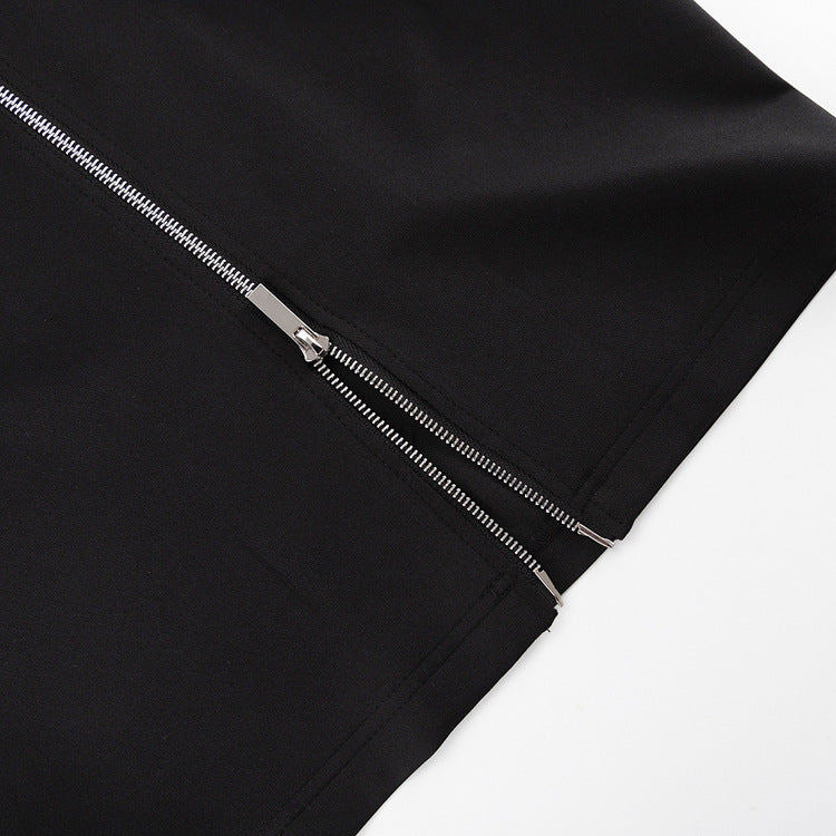 Women's Fashion Turndown Collar Zipper Long Sleeve Black Dress 15