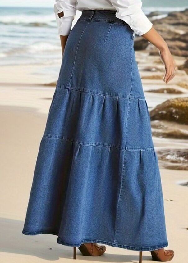 Women Spring and Summer Vintage Pastoral Casual Cake Denim Maxi Dress 6