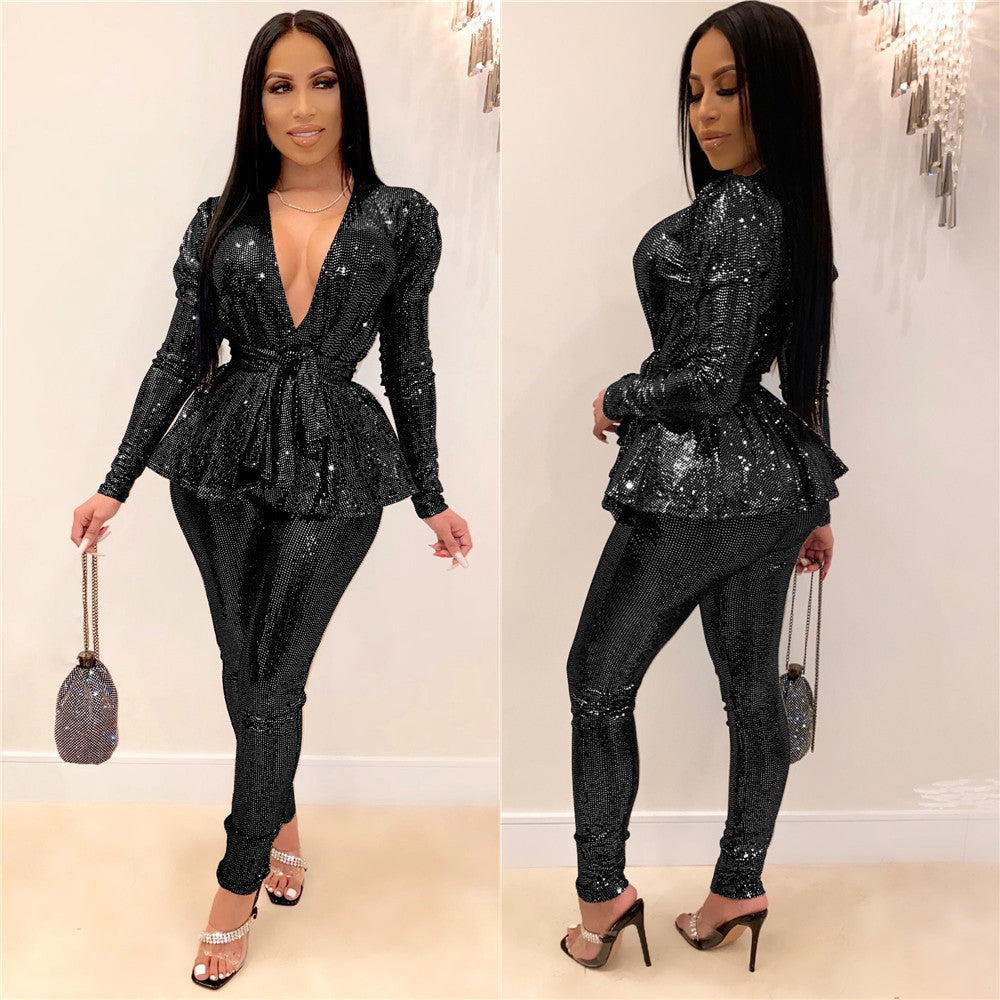 Women'S Slim Fashion Shiny Long Sleeve Suit With Belt 3