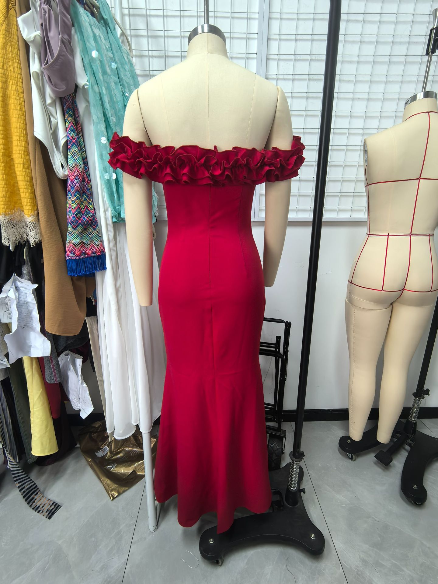 Women Spring and Summer Ruffle Off Shoulder Bodycon Dress 8