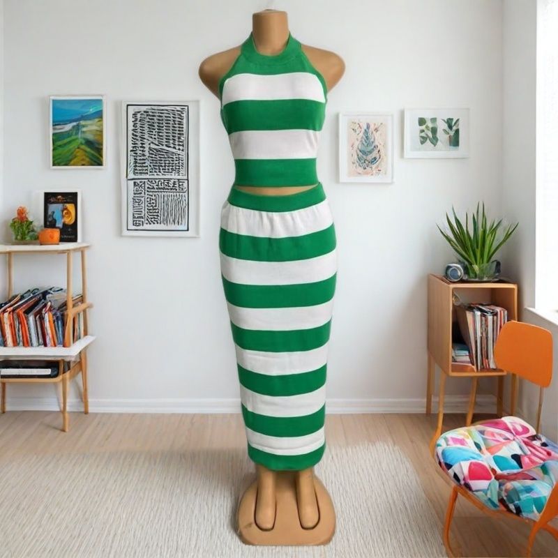 Striped Print Round Neck Sleeveless Top & Tight-Fitting Bodycon Skirt Casual Two-Piece Set 5