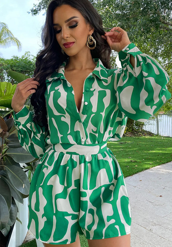 Loose Printed Long Shirt Casual Women's Shorts Set Summer Two-Piece Set