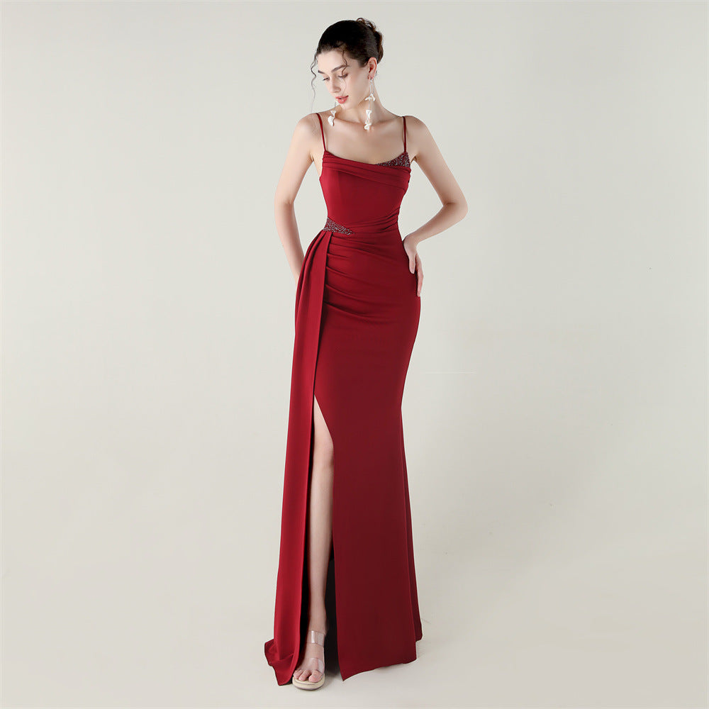 Women satin beaded chain fishtail slit evening dress 19