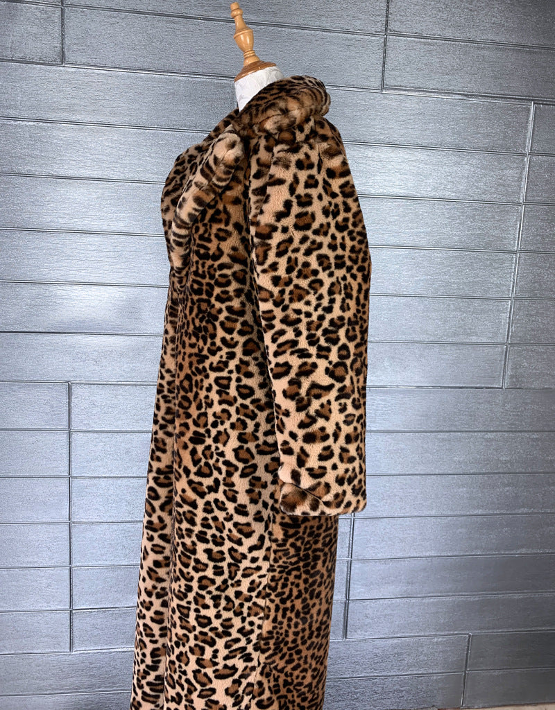 Women Leopard Turndown Collar Furry Long Coat 12