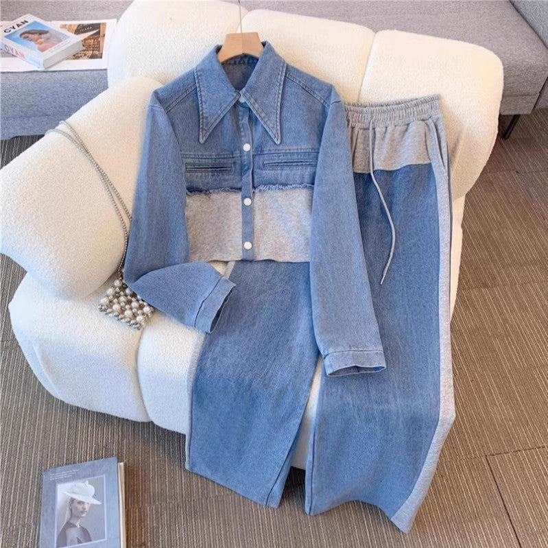 Denim Patchwork Fashion Casual Spring and Autumn Long Sleeve Top Wide Leg Long Pants Two Piece Set 6