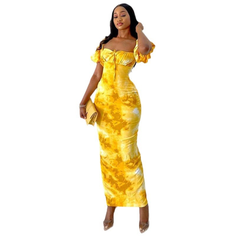 Women Summer Printed Puff Sleeve Square Neck Maxi Slit Dress 8